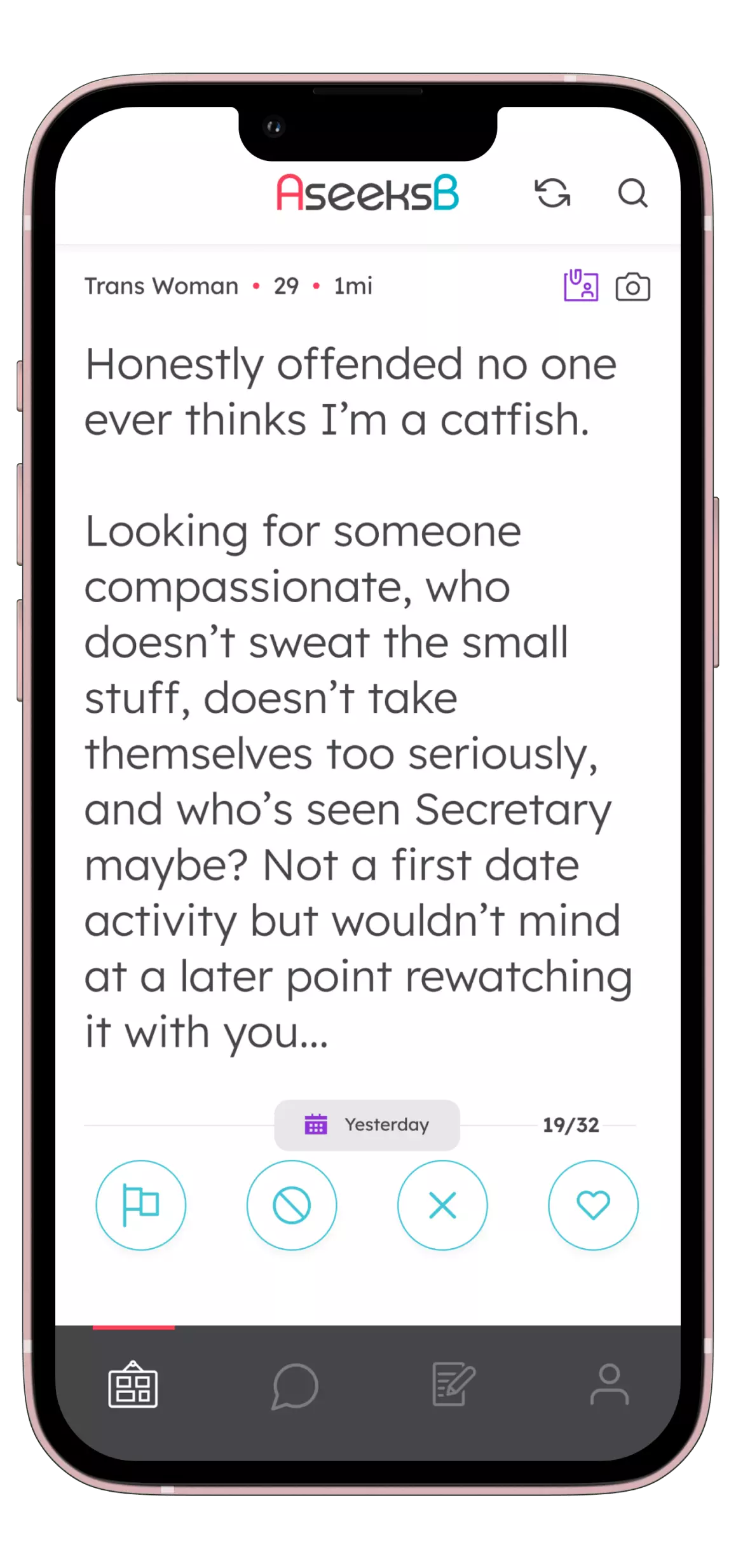 AseeksB mobile app screenshot - profile view